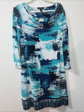 Style & Co. Teal and Navy Abstract Long-Sleeve Shift Dress w/ Cowl Neck - Size S